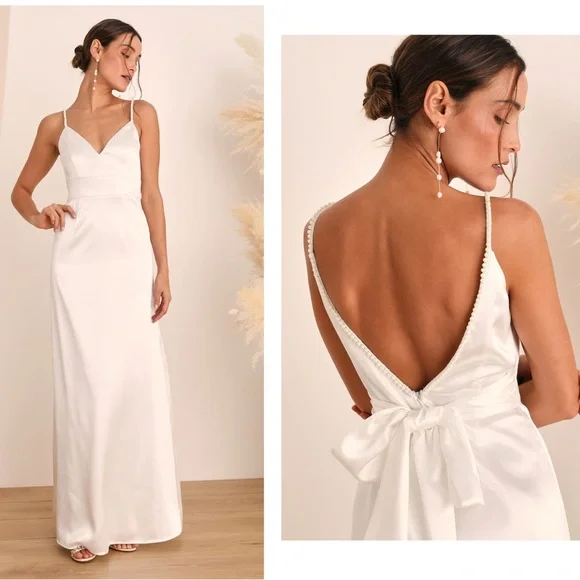 Lulus Ready For Forever White Satin Pearl Tie-Back Maxi Dress Size Small Bride - Picture 1 of 8